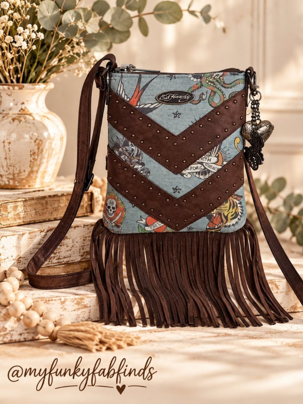 Ed Hardy Tattoo Print Fringed Crossbody Bag